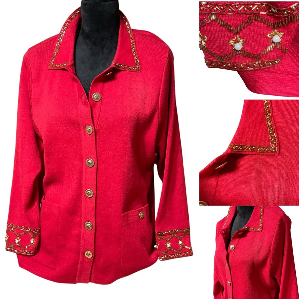 Carol Patterson Knits Women’s Embellished Linen Blend Red. Vintage Cardigan. MED